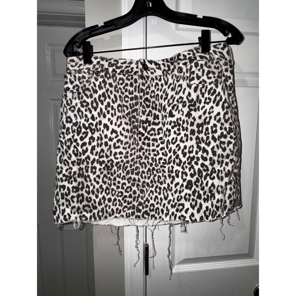 Pistola Leopard‎ Print Denim Mini Skirt Raw Hem Animal Pattern Large
